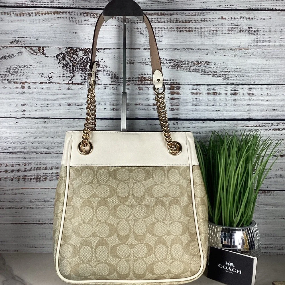 Coach Cammie Chain Bucket Signature‎ Khaki Chalk Shoulder Bag Wallet Set Purse - Picture 10 of 15